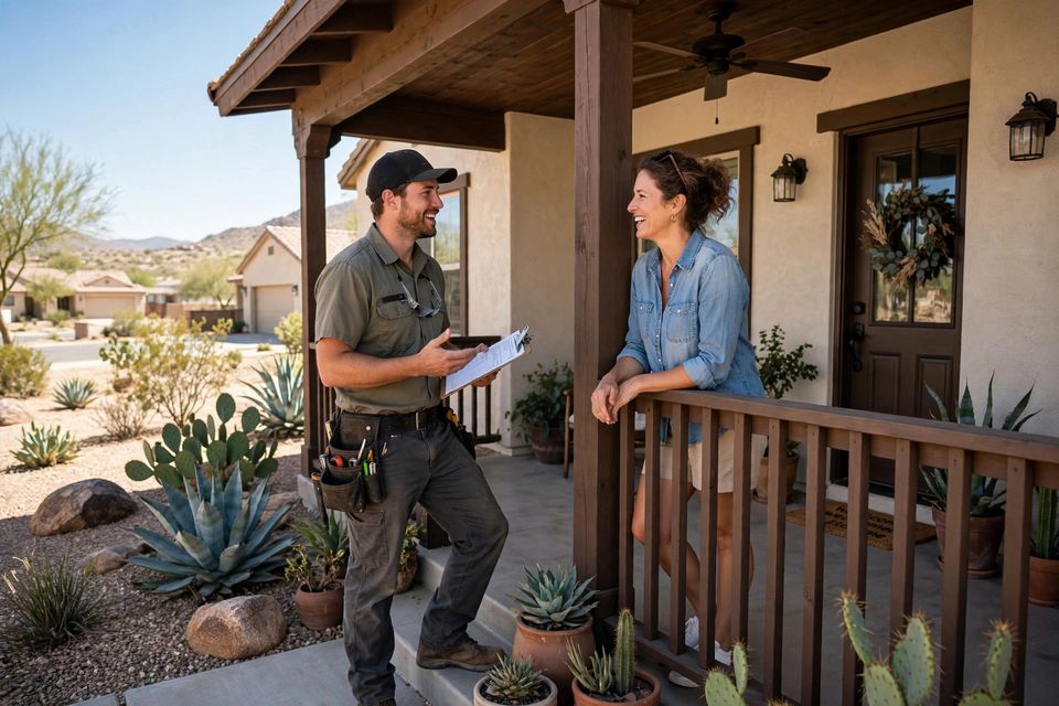 A landscaper talking with a homeowner on a front porch