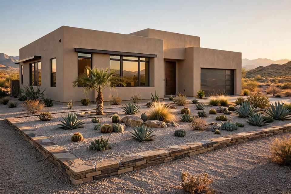 A clean, professionally landscaped desert front yard