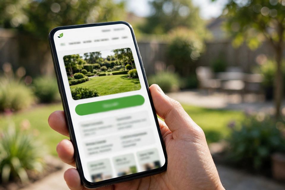 A hand holding a phone showing a clean landscaping website with a call button