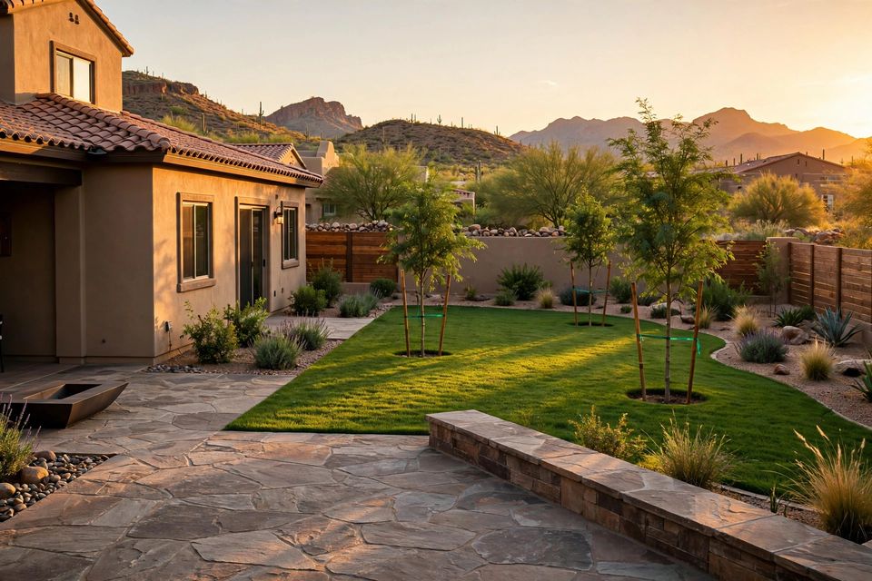 A finished backyard with a new stone patio and green lawn