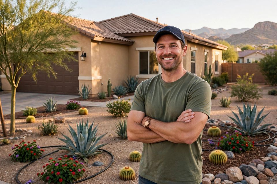 A homeowner standing in a freshly landscaped front yard