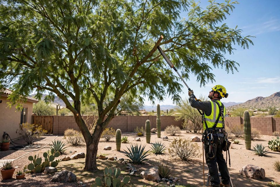 A tree care worker trimming a large tree