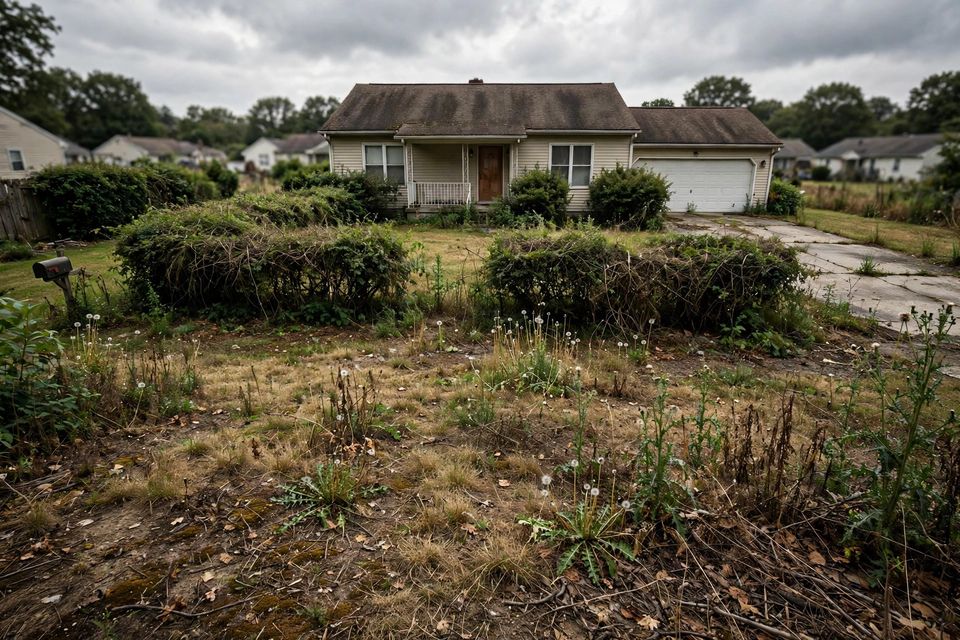 An overgrown, untrimmed front yard