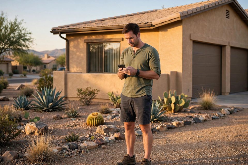 A homeowner in their front yard looking at a smartphone