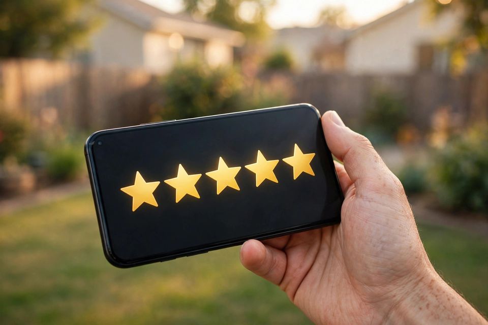 A hand holding a phone showing gold star ratings